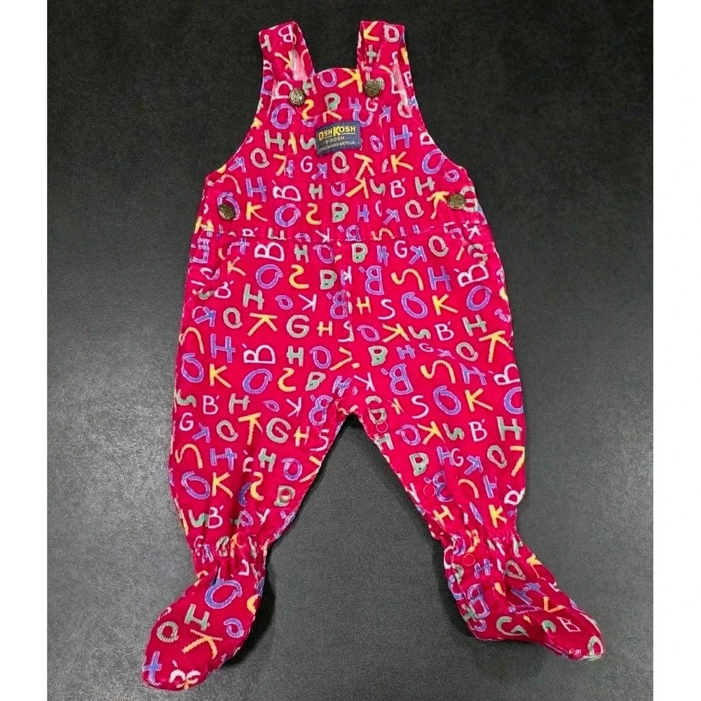 Vintage OshKosh Bgosh Maroon Alphabet Corduroy Footed Overalls Vestbak USA 3-6M